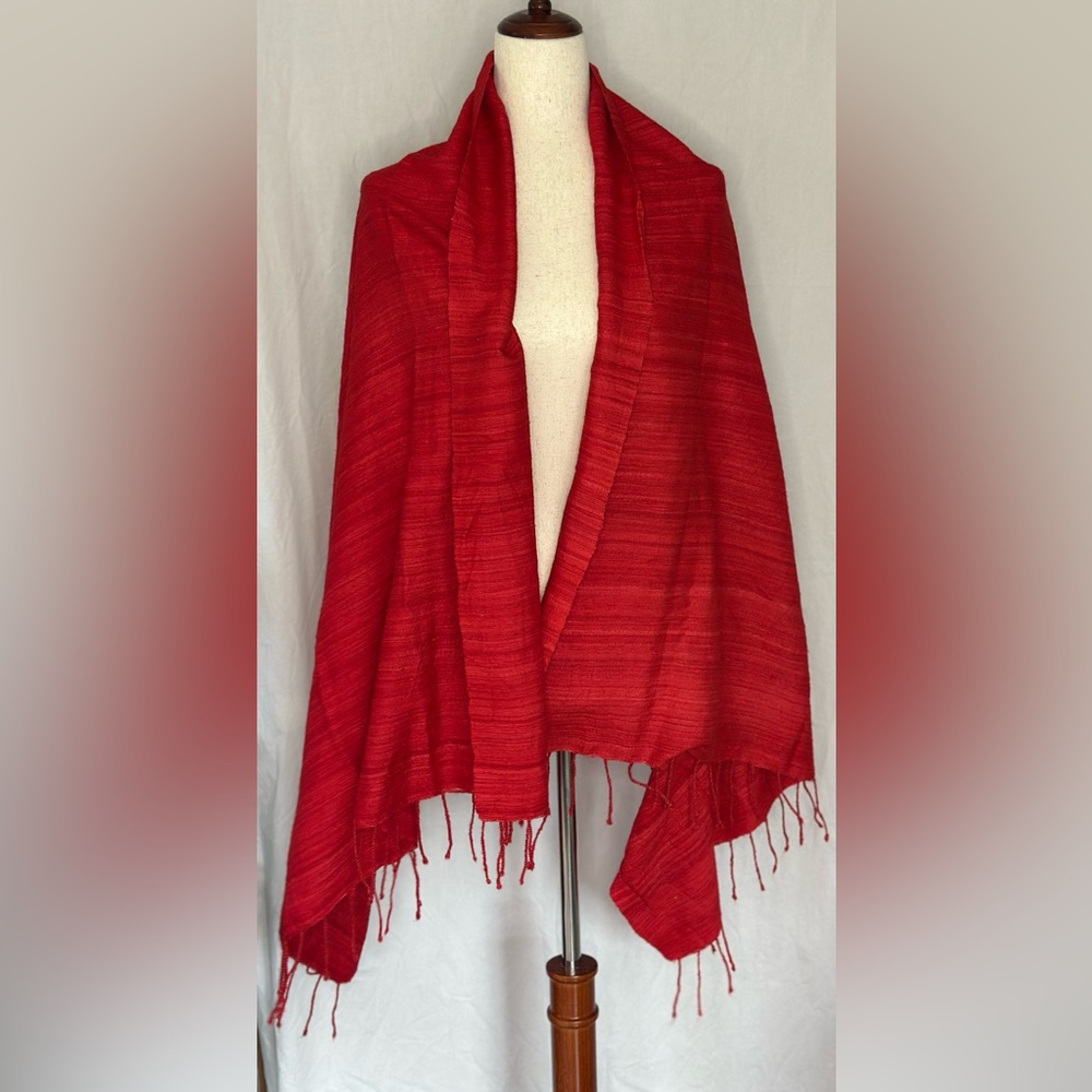 Elegant Red/Orange Raw Silk ShawlScarf with Fringe SZ XL